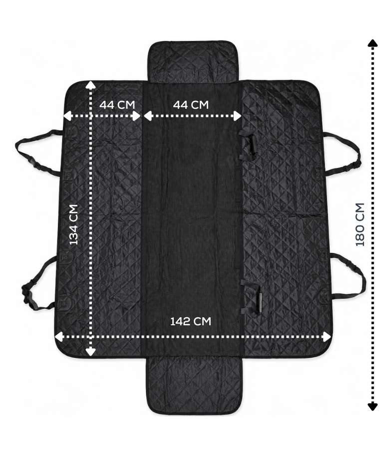 Car Seat Cover - Quilted Waterproof Hammock Style, Non-Slip, Side Flaps & Seat Anchors - L x W x H 134 × 44 x 44 cm