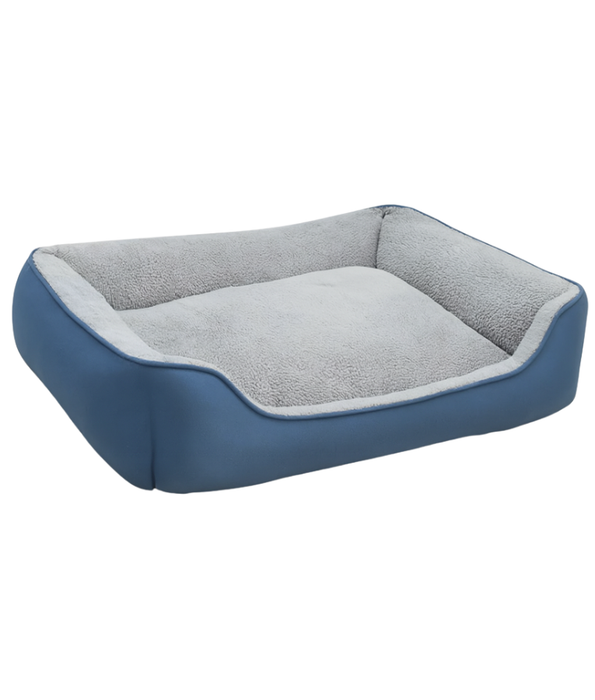 King Queen Beds - Rectangular Fort Dog & Cat Bed, Blue Denim Exterior with Grey Plush Cushion, Anti-Slip Base, Washable - 70×55×20 cm