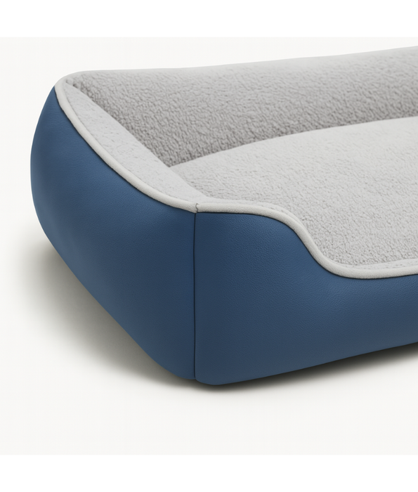 King Queen Beds - Rectangular Fort Dog & Cat Bed, Blue Denim Exterior with Grey Plush Cushion, Anti-Slip Base, Washable - 70×55×20 cm