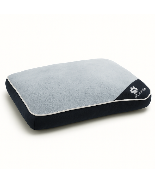King Queen - Paw Prints, Rectangular Pillow Dog Bed, Grey Plush with Navy Base, Washable & Anti-Slip - 102×70×13 cm