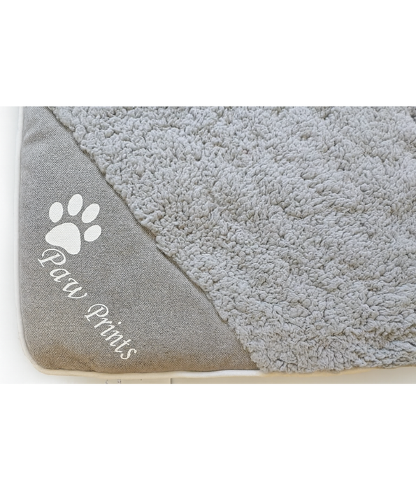 King Queen - Paw Prints, Grey Sherpa Rectangular Dog Bed, Removable Cover, Anti-Slip Base - 103×74×8 cm
