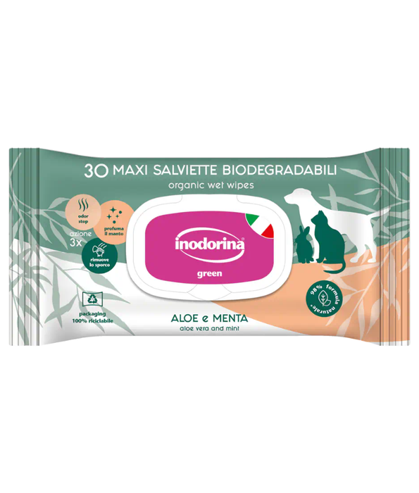 Inodorina - Biodegradable Pet Wipes, Aloe & Mint, Natural Plant-Based Cleaning Wipes for Dogs & Cats - 30pcs