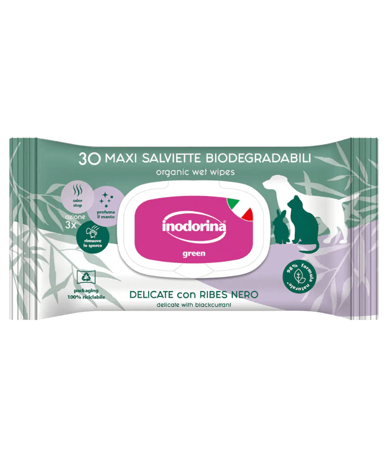 Inodorina - Biodegradable Pet Wipes, Delicate with Blackcurrant, Natural Plant-Based Cleaning Wipes for Dogs & Cats - 30pcs