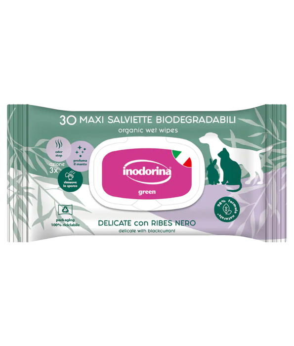 Inodorina - Biodegradable Pet Wipes, Delicate with Blackcurrant, Natural Plant-Based Cleaning Wipes for Dogs & Cats - 30pcs