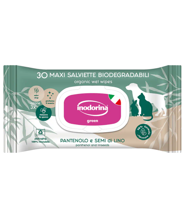 Inodorina - Biodegradable Pet Wipes, Panthenol & Linseed, Eco-Friendly Cleaning Wipes for Dogs & Cats - 30pcs
