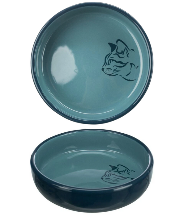 Trixie - Ceramic Cat Bowl, Shallow Design, Navy/Blue, Ideal for Sensitive Whiskers - 0.3L/Ø15 cm