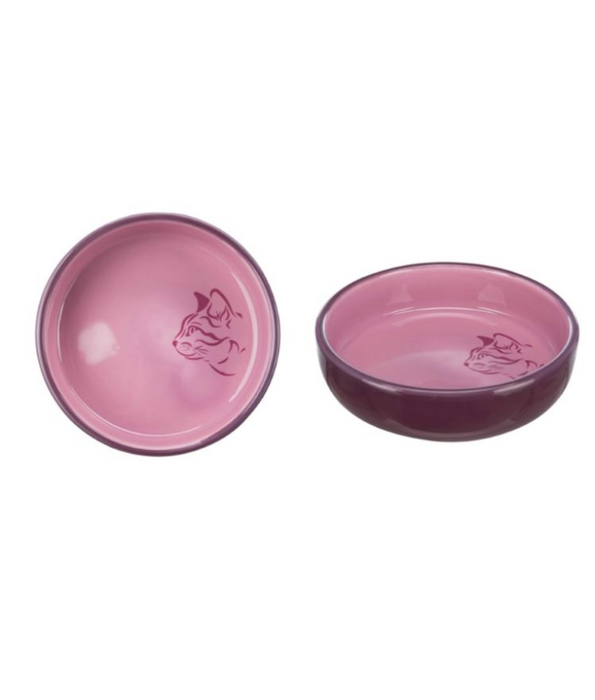 Trixie - Ceramic Cat Bowl, Shallow Design, Berry, Ideal for Sensitive Whiskers - 0.3L/Ø15 cm