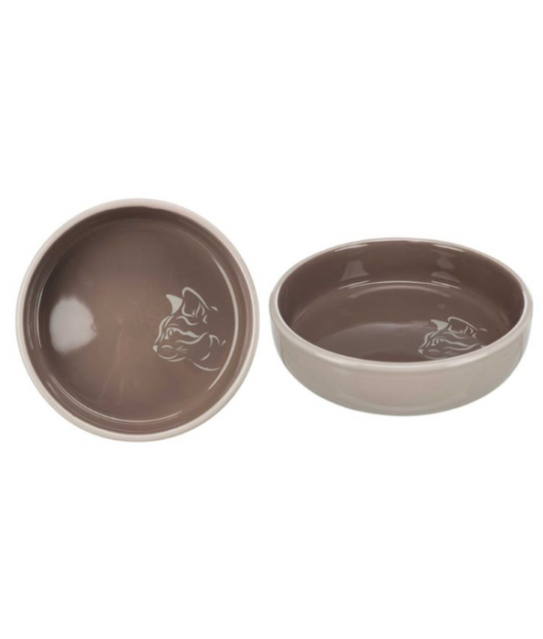 Trixie - Ceramic Cat Bowl, Shallow Design, Grey/Taupe, Ideal for Sensitive Whiskers - 0.3L/Ø15 cm