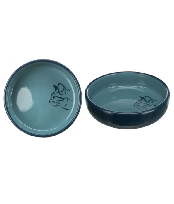 Trixie - Ceramic Cat Bowl, Shallow Design, Navy/Blue, Ideal for Sensitive Whiskers - 0.3L/Ø15 cm