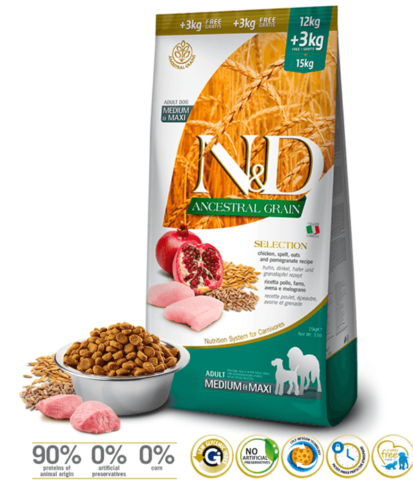 Farmina - N&D Ancestral Grain, Dry Dog Food – Chicken, Spelt, Oats & Pomegranate, Adult Medium & Maxi – 12kg + Free 3kg