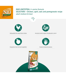 Farmina - N&D Ancestral Grain, Dry Dog Food – Chicken, Spelt, Oats & Pomegranate, Adult Medium & Maxi – 12kg + Free 3kg