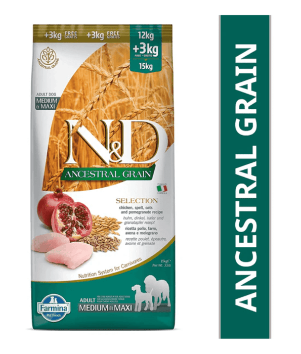 Farmina - N&D Ancestral Grain, Dry Dog Food – Chicken, Spelt, Oats & Pomegranate, Adult Medium & Maxi – 12kg + Free 3kg