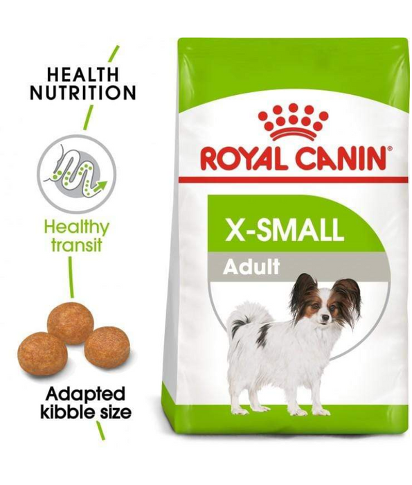 Royal Canin X-small Mini Adult Dog Food 1.5kg, featuring healthy nutrition and adapted kibble size for small breed dogs.