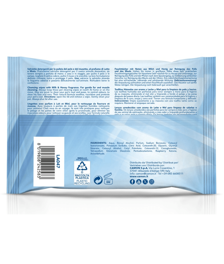 Camon - Salviette Cleansing Pet Wipes Milk & Honey – Alcohol & Paraben Free - 40 Sheets -100 Sheets