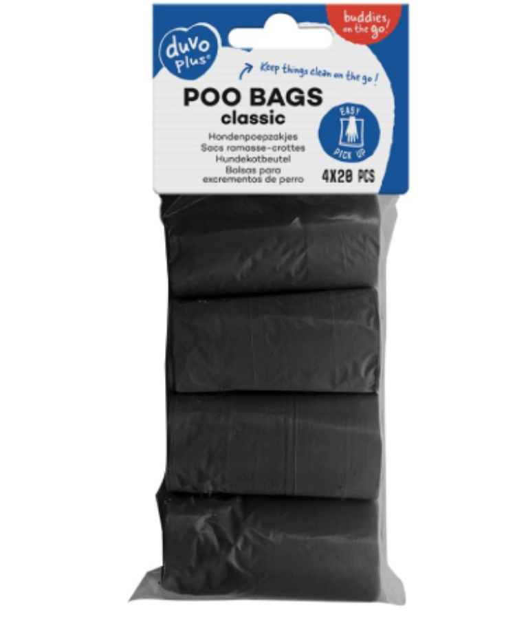 Duvo Plus – Classic Black Dog Poo Bags, 4 Rolls × 20 Bags
