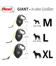 Flexi - Giant Neon Tape Dog Lead, 8m Tape, Soft Grip – Large Dogs up to 50kg sizing chart for M, L, and XL
