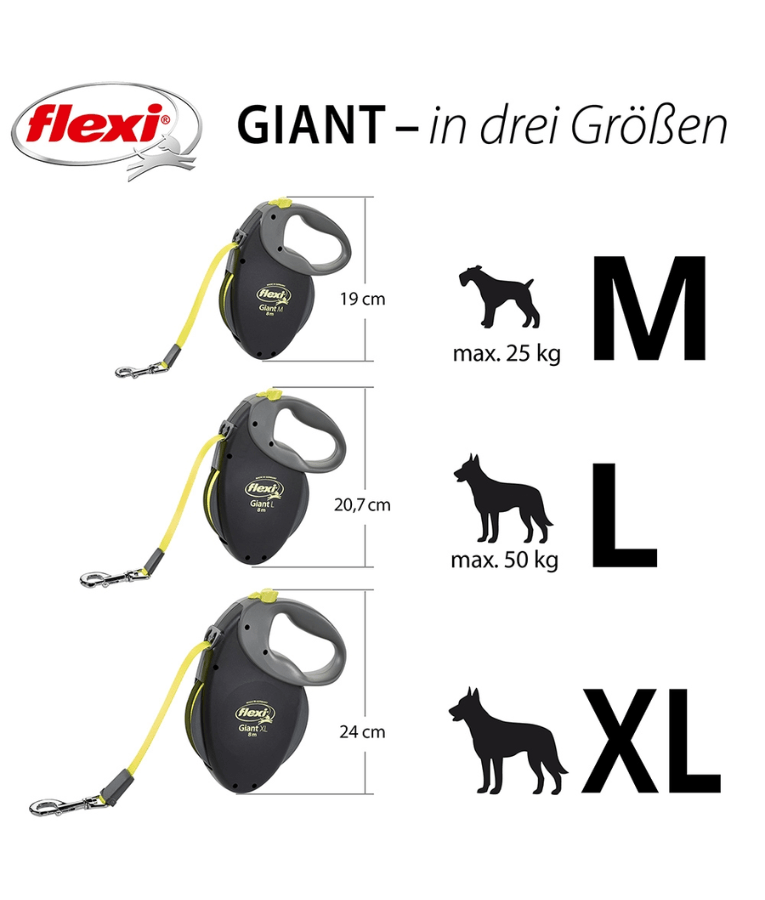Flexi - Giant Neon Tape Dog Lead, 8m Tape, Soft Grip – Large Dogs up to 50kg sizing chart for M, L, and XL