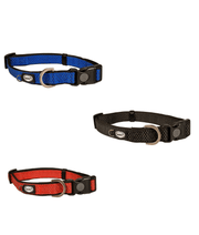 Duvo+ – EXPLOR East Nylon Dog Collar, Red, Weather-Resistant & Reflective – M & XL displayed in red, blue, and black colors.