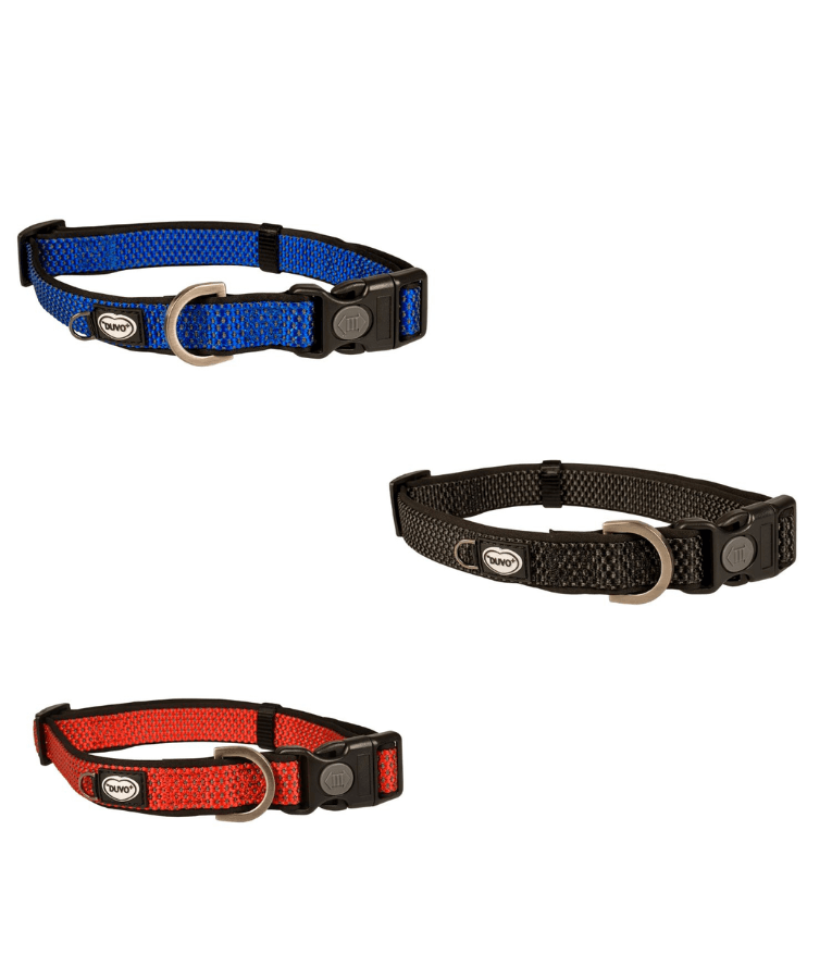 Duvo+ – EXPLOR East Nylon Dog Collar, Red, Weather-Resistant & Reflective – M & XL displayed in red, blue, and black colors.