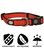Duvo+ – EXPLOR East Nylon Dog Collar, Red, Weather-Resistant & Reflective – M & XL, showcasing durable quality and soft neoprene.