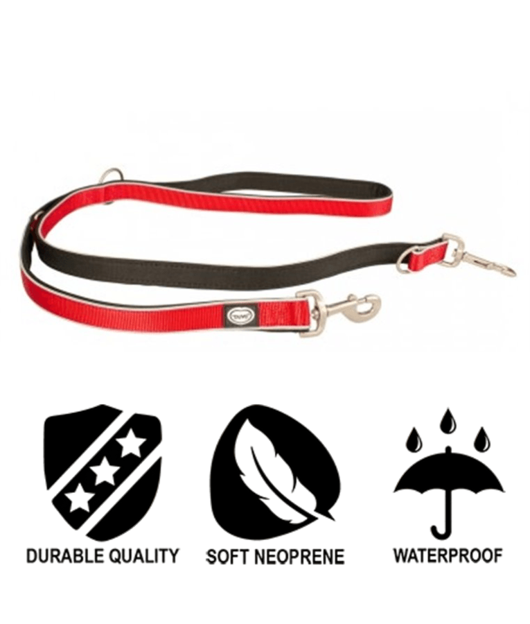Duvo+ – EXPLOR West Duo Leash, Red, Woven Nylon, Adjustable & Hands-Free – XXL with symbols for durable quality, soft neoprene, and waterproof.