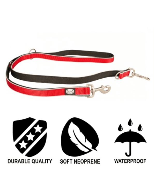 Duvo+ – EXPLOR West Duo Leash, Red, Woven Nylon, Adjustable & Hands-Free – XXL with symbols for durable quality, soft neoprene, and waterproof.