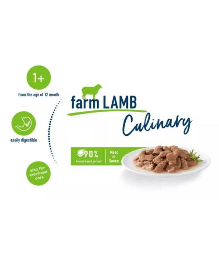 Happy Cat Culinary Farm Lamb in Sauce Wet Cat Food for Sterilised Cats - 85g packaging and serving suggestion with lamb chunks.