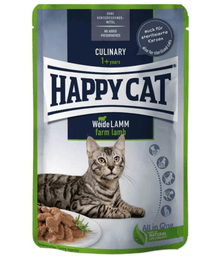 Happy Cat Culinary Farm Lamb in Sauce Wet Cat Food for Sterilised Cats - 85g packaging with a cat image.