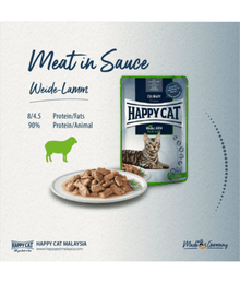 Happy Cat Culinary Farm Lamb in Sauce Wet Cat Food for Sterilised Cats - 85g packaging and meal served on a plate.