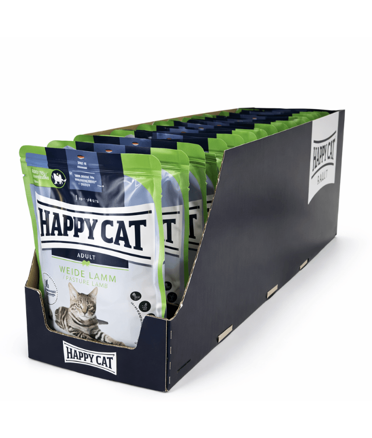 Happy Cat Culinary Farm Lamb in Sauce Wet Cat Food for Sterilised Cats - 85g pouches displayed in a retail box.
