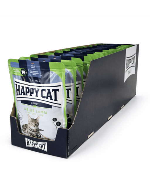 Happy Cat Culinary Farm Lamb in Sauce Wet Cat Food for Sterilised Cats - 85g pouches displayed in a retail box.