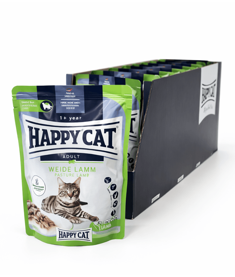 Happy Cat Culinary Farm Lamb in Sauce Wet Cat Food for Sterilised Cats - 85g pack displayed in a box.