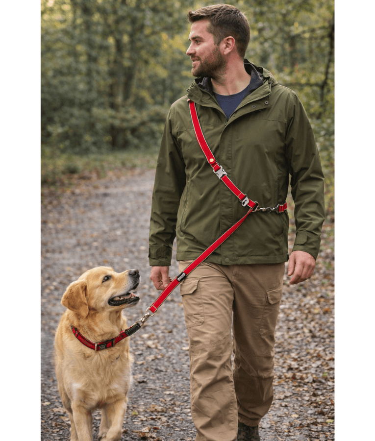 Duvo+ – EXPLOR West Duo Leash, Red, Woven Nylon, Adjustable & Hands-Free – XXL in use by dog owner walking a golden retriever.