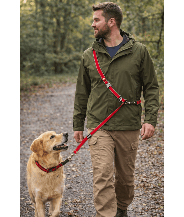 Duvo+ – EXPLOR West Duo Leash, Red, Woven Nylon, Adjustable & Hands-Free – XXL in use by dog owner walking a golden retriever.