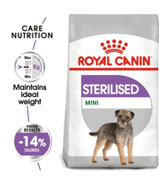 Royal Canin - Sterilised Mini Dog Food – Weight Control for Neutered Mini & Small Breeds – 3 kg packaging with dog illustration