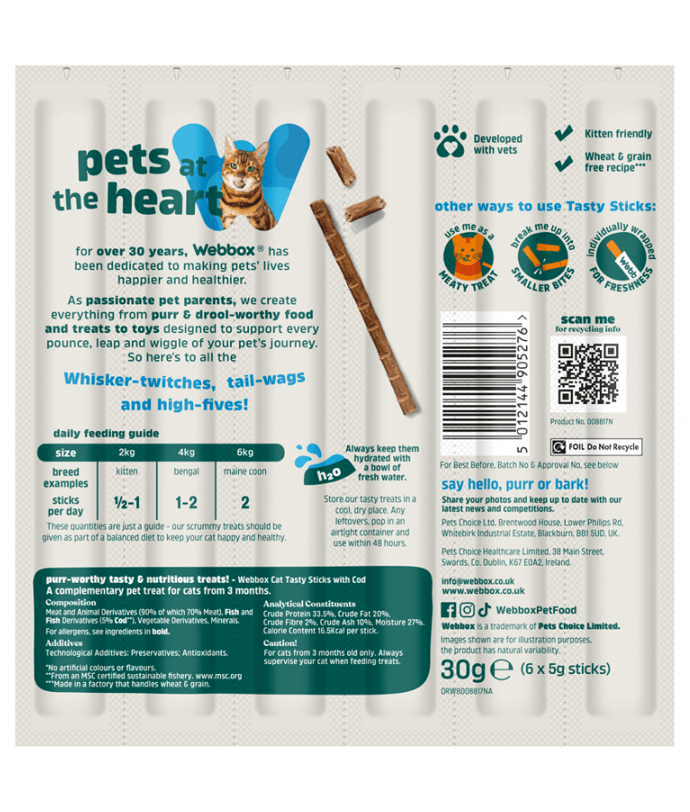 Webbox - Tasty Sticks Cod Cat Treats – Grain Free – 30g (6 Sticks)