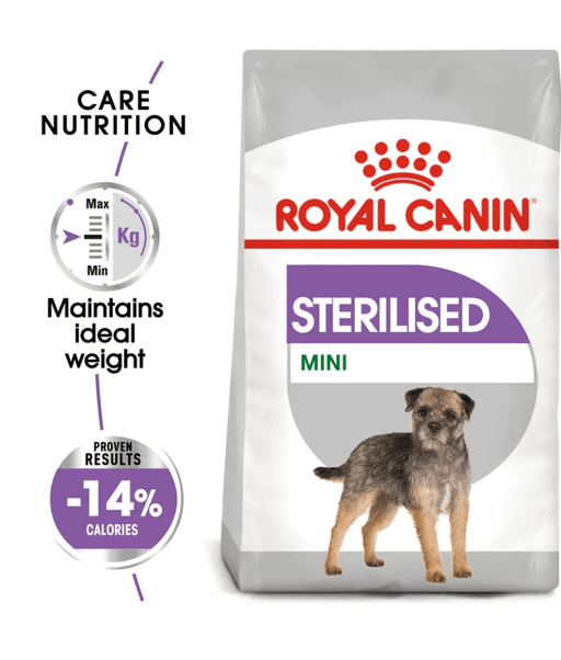 Royal Canin - Sterilised Mini Dog Food – Weight Control for Neutered Mini & Small Breeds – 3 kg packaging with dog illustration
