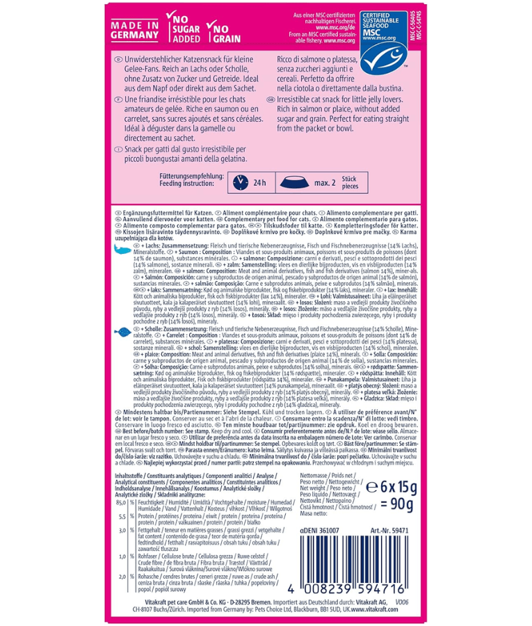 Vitakraft - Jelly Lovers, Lickable Jelly Tubes With Salmon and Plaice (Fish) - 6 Tubes x 15g