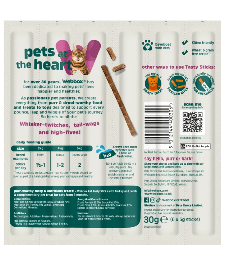 Webbox - Tasty Sticks Turkey & Lamb Cat Treats – Grain Free – 30g (6 Sticks)