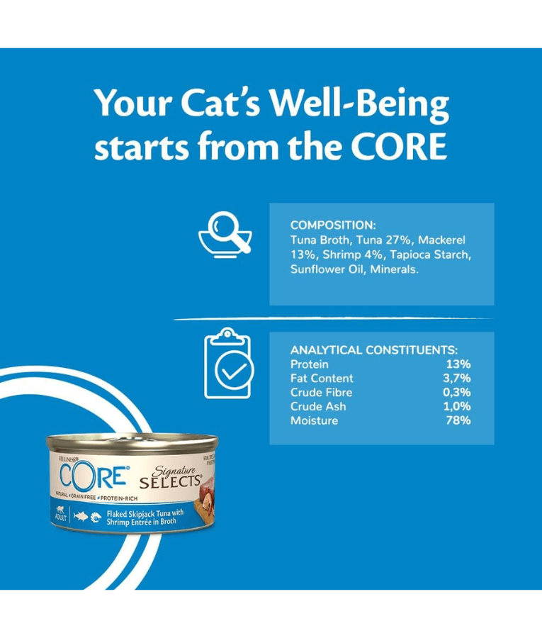 Wellness CORE Signature Selects Flaked Skipjack Tuna With Shrimp Entree In Broth 79g
