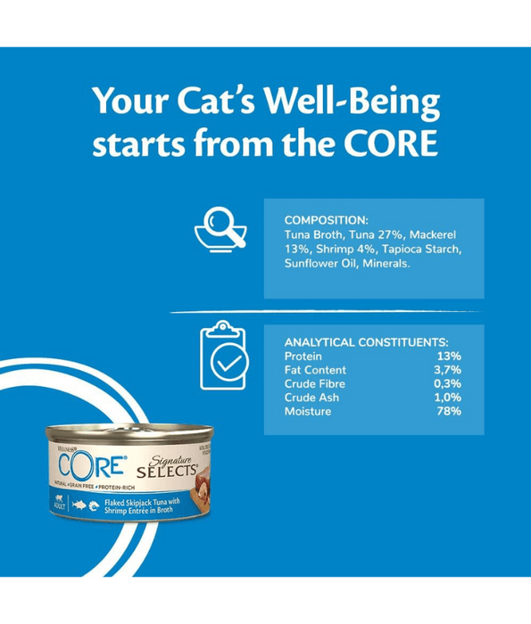 Wellness CORE Signature Selects Flaked Skipjack Tuna With Shrimp Entree In Broth 79g