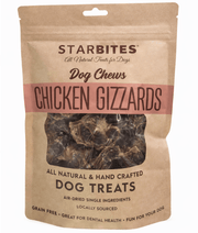 All Natural - Chicken Gizzards - Starbites Dog Chews , Grain-Free, Air-Dried 50g packaging with dog treats.