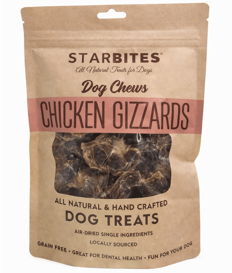 All Natural - Chicken Gizzards - Starbites Dog Chews , Grain-Free, Air-Dried 50g packaging with dog treats.