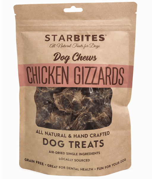 All Natural - Chicken Gizzards - Starbites Dog Chews , Grain-Free, Air-Dried 50g packaging with dog treats.