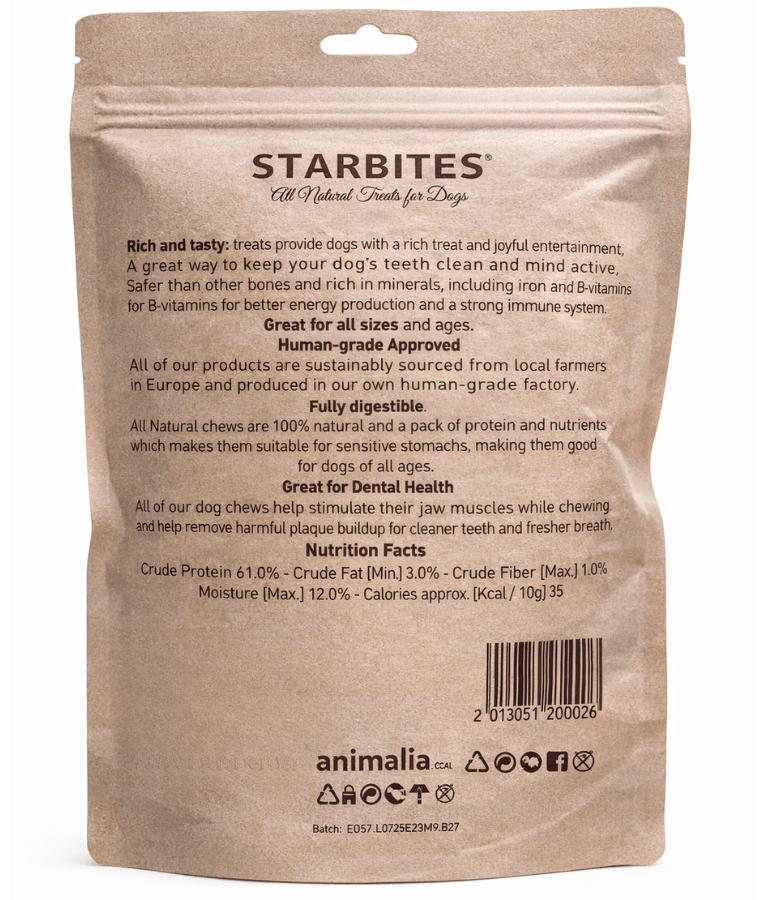 All Natural - Chicken Gizzards - Starbites Dog Chews, Grain-Free, Air-Dried 50g packaging with nutritional information.
