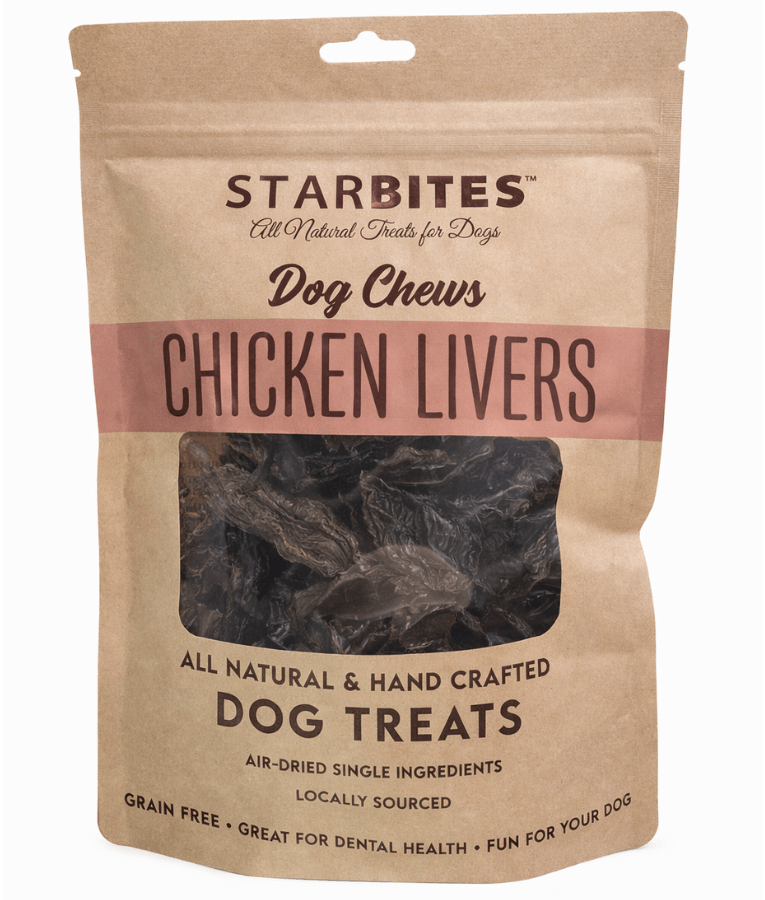 All Natural - Chicken Livers - Starbites Dog Chews , Grain-Free, Air-Dried 50g pack of air-dried dog treats.