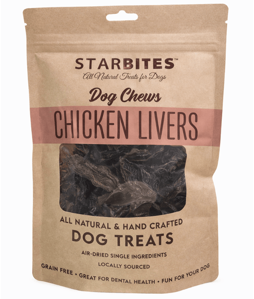 All Natural - Chicken Livers - Starbites Dog Chews , Grain-Free, Air-Dried 50g pack of air-dried dog treats.