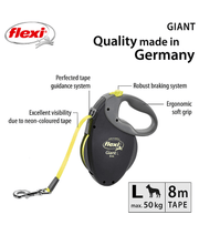 Flexi - Giant Neon Tape Dog Lead, 8m Tape, Soft Grip – Large Dogs up to 50kg, ergonomic design and robust braking system.