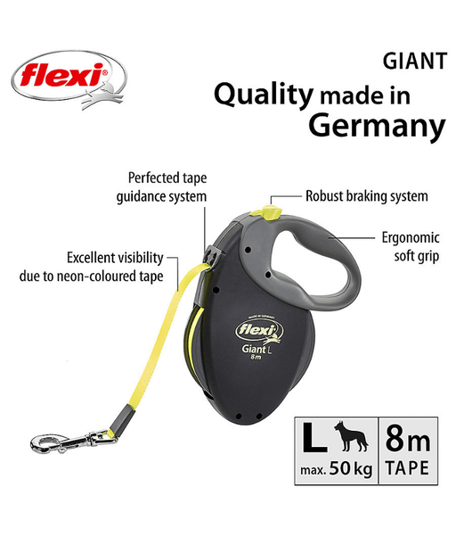 Flexi - Giant Neon Tape Dog Lead, 8m Tape, Soft Grip – Large Dogs up to 50kg, ergonomic design and robust braking system.