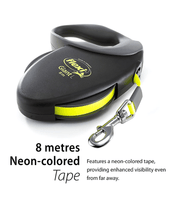 Flexi - Giant Neon Tape Dog Lead, 8m Tape, Soft Grip – Large Dogs up to 50kg with neon-colored tape for visibility.